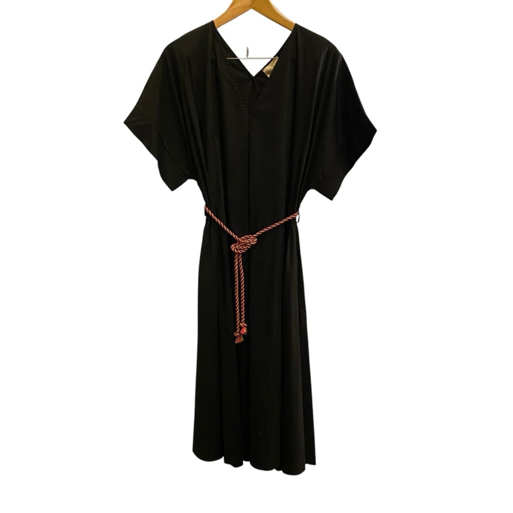 Dixie Collection Italy Black Cotton Lagenlook Minimalist Midi Dress Rope Belt L